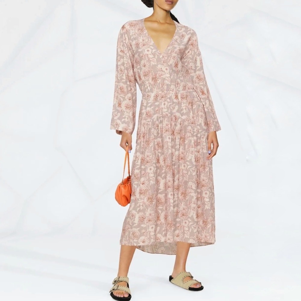 Vince | Dahlia  Floral Cut-Out Back Midi Dress V-Neck Wide‎ Sleeve Size L